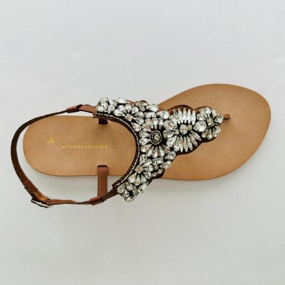 Anthropologie Crystal Thong Brown Leather Sandal US 9 NEW Flat Made in India - Picture 2 of 6